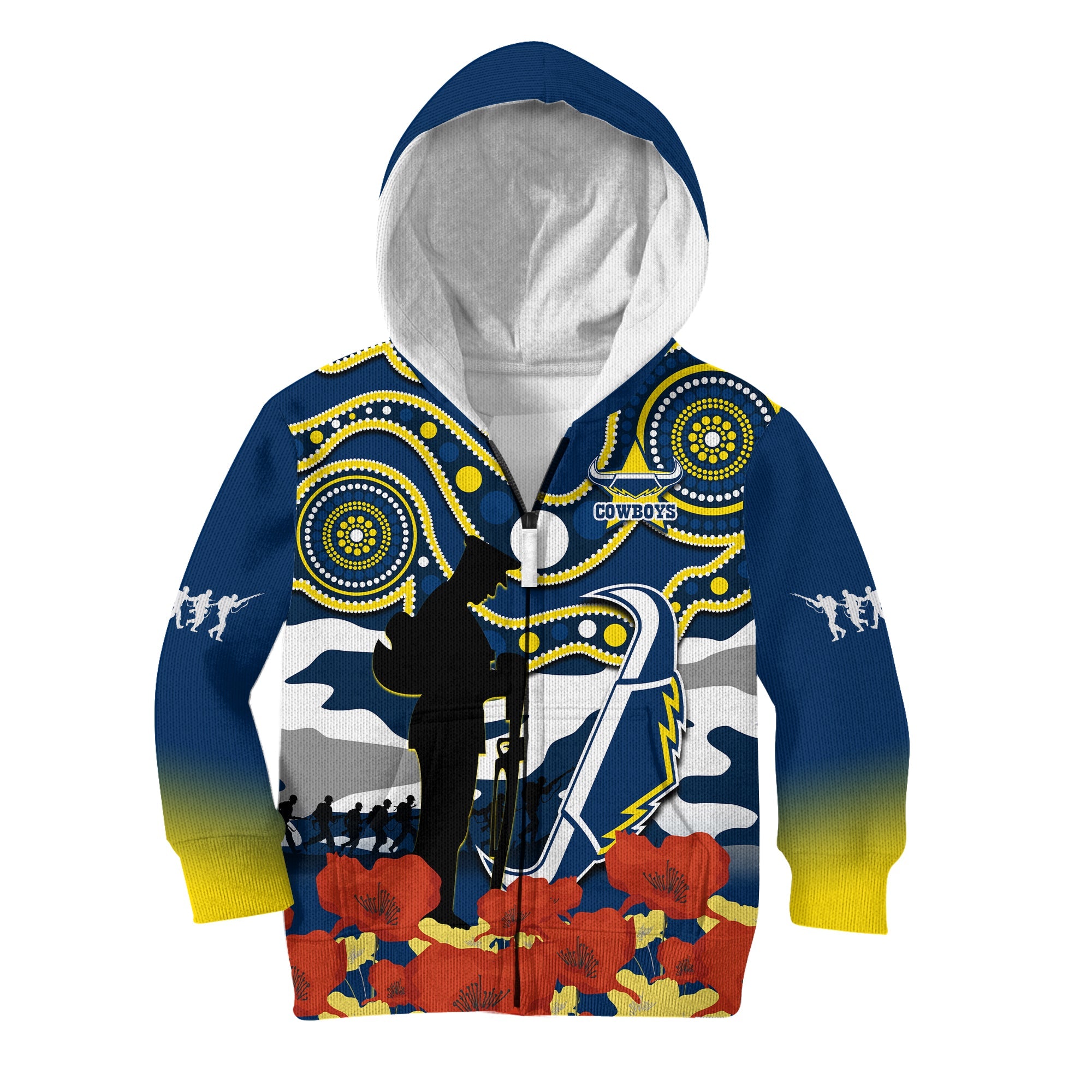 (Custom Text And Number) Cowboys Rugby ANZAC 2023 Hoodie KID Australian Army Aboriginal Lest We Forget - Vibe Hoodie Shop