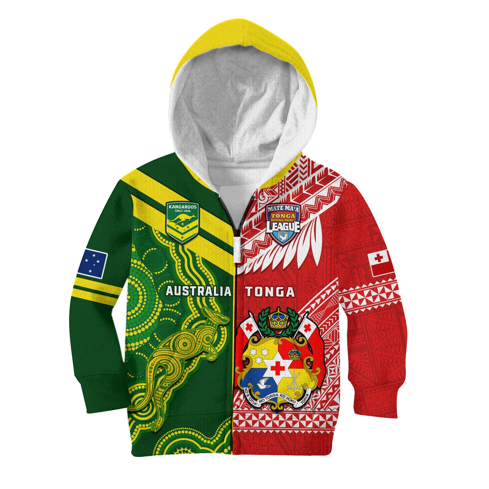 (Custom Personalised) Tonga And Australia Rugby Hoodie KID Mate Maa Tonga Mix Kangaroos - Vibe Hoodie Shop