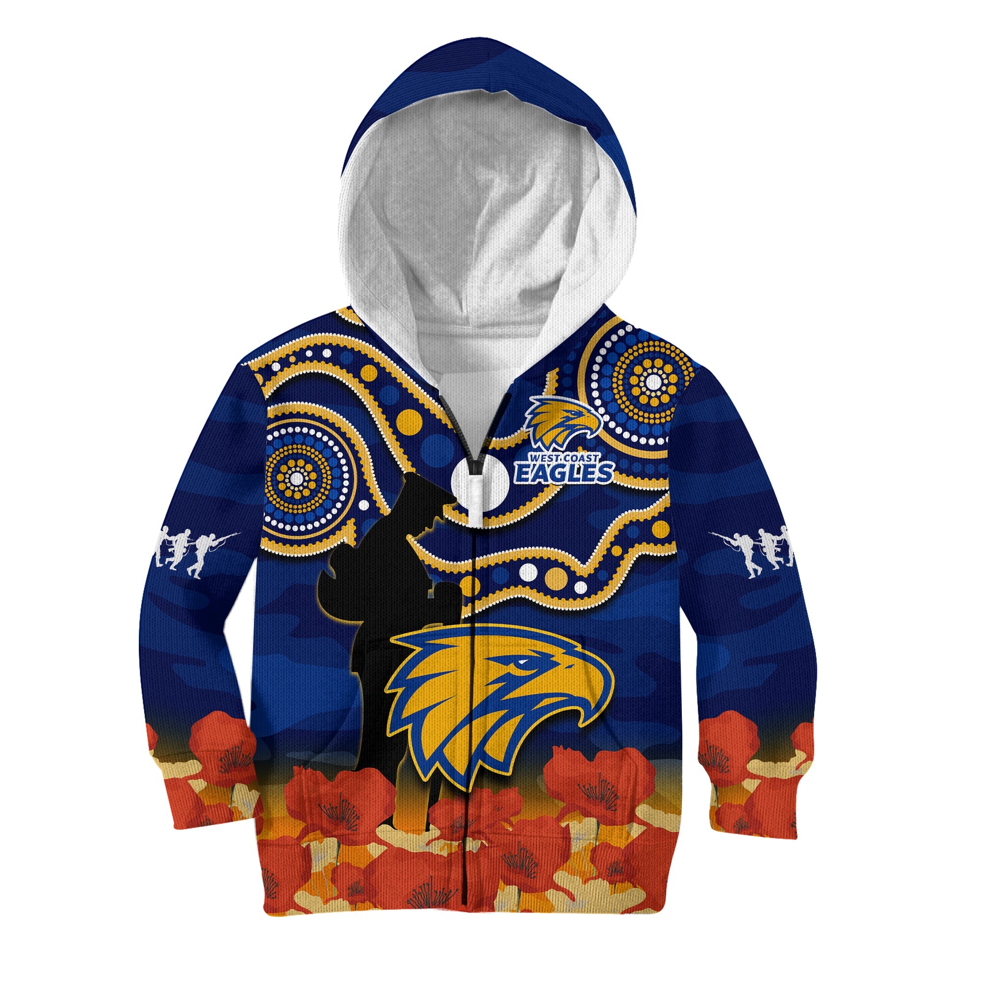 (Custom Text And Number) Eagles Football ANZAC 2023 Hoodie KID West Coast Indigenous Mix Poppy Camouflage - Vibe Hoodie Shop