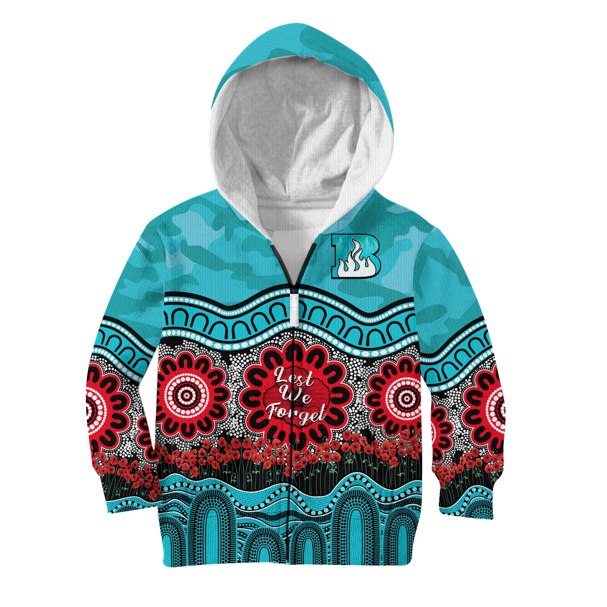 (Custom Text And Number) Brisbane Heat Cricket ANZAC Hoodie KID Poppy Aboriginal Camouflage - Vibe Hoodie Shop