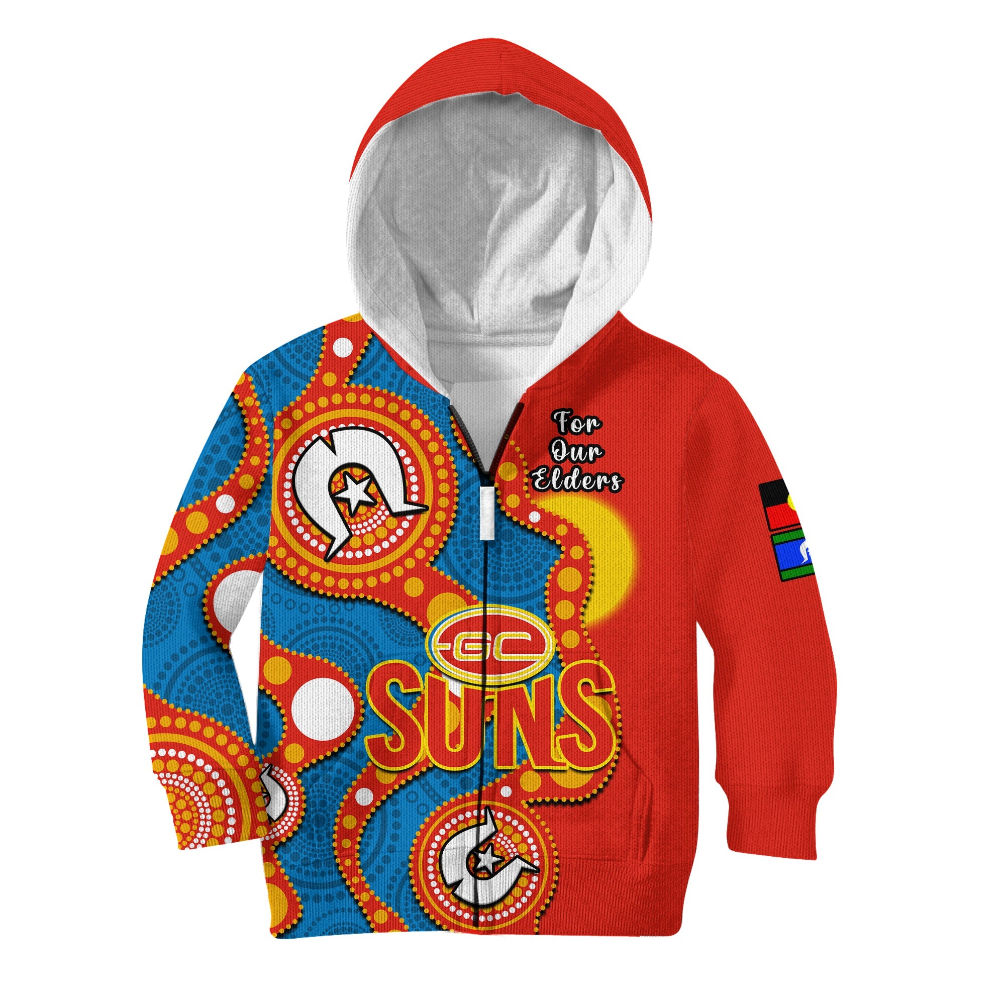 (Custom Text And Number) Gold Coast Football NAIDOC 2023 Hoodie KID Suns Indigenous For Our Elders - Vibe Hoodie Shop