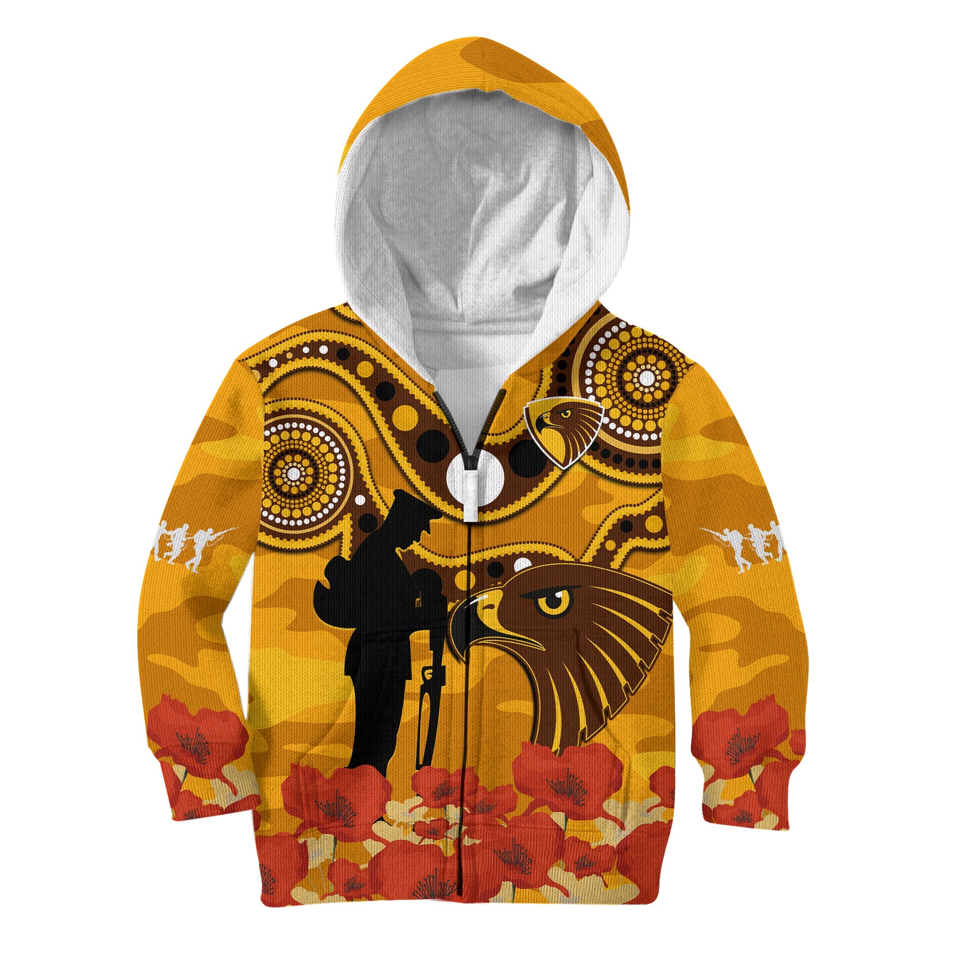 (Custom Text And Number) Hawks Football ANZAC 2023 Hoodie KID Indigenous Mix Poppy Camouflage - Vibe Hoodie Shop