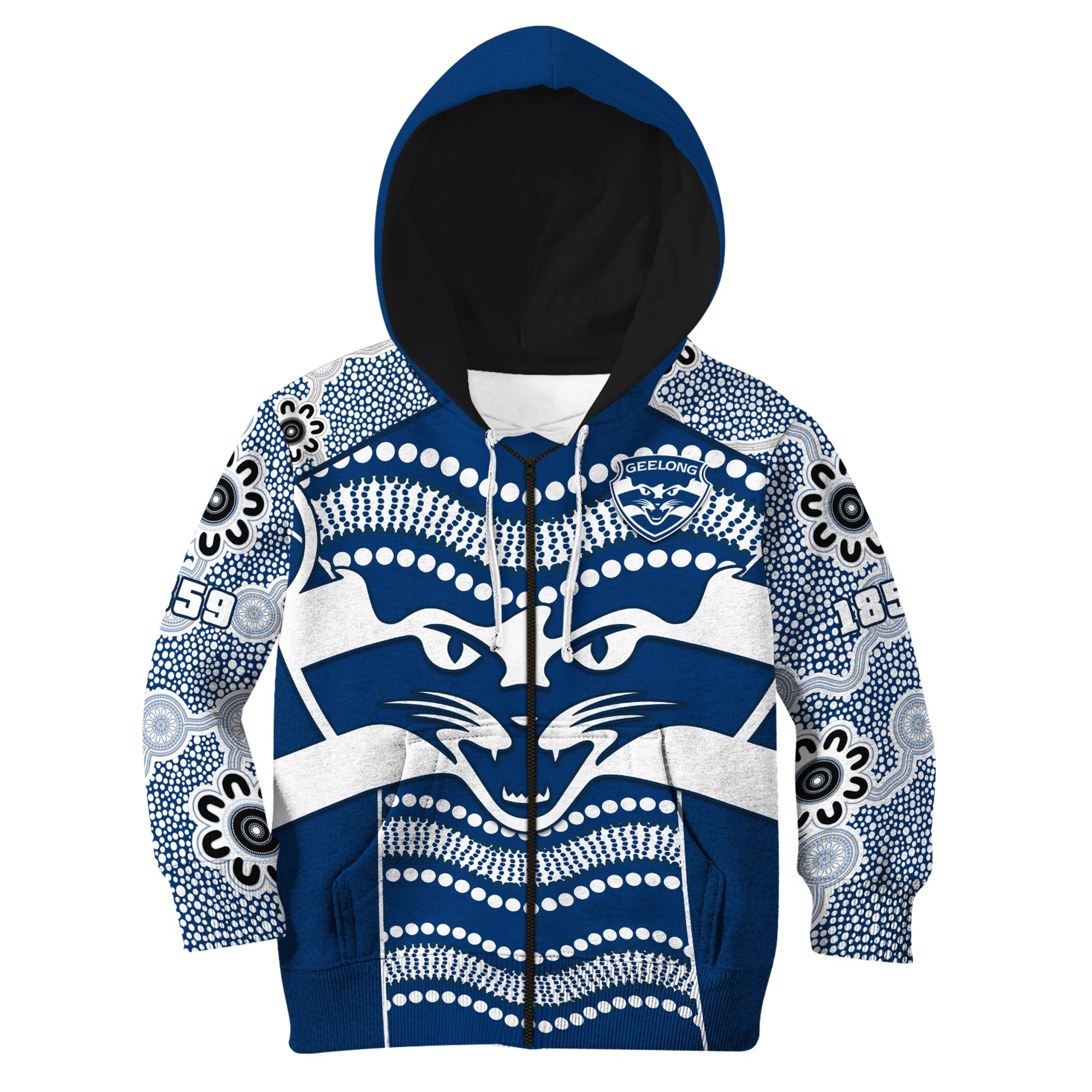 (Custom Text And Number) Cats Football Hoodie KID Geelong 1859 Indigenous Sporty Version - Vibe Hoodie Shop