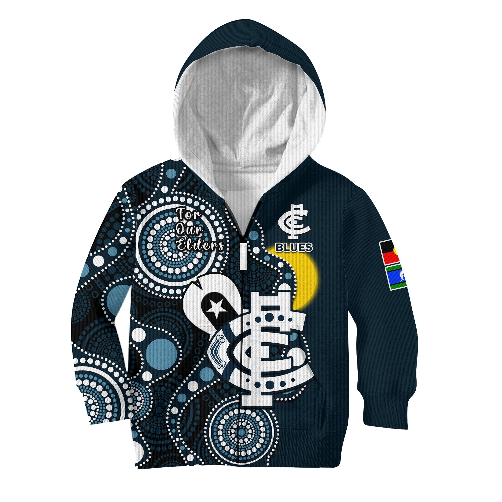 (Custom Text And Number) Carlton Football NAIDOC 2023 Hoodie KID Blues For Our Elders Indigenous Art - Vibe Hoodie Shop