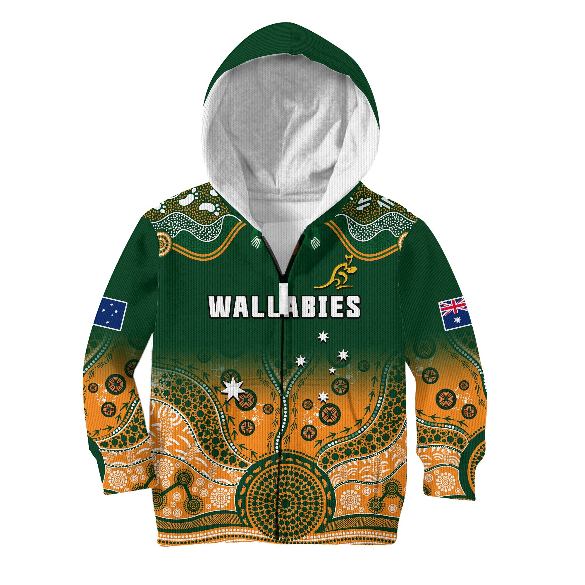 (Custom Text And Number) Australia Rugby Hoodie KID Wallabies Kangaroo Green Aboriginal - Vibe Hoodie Shop