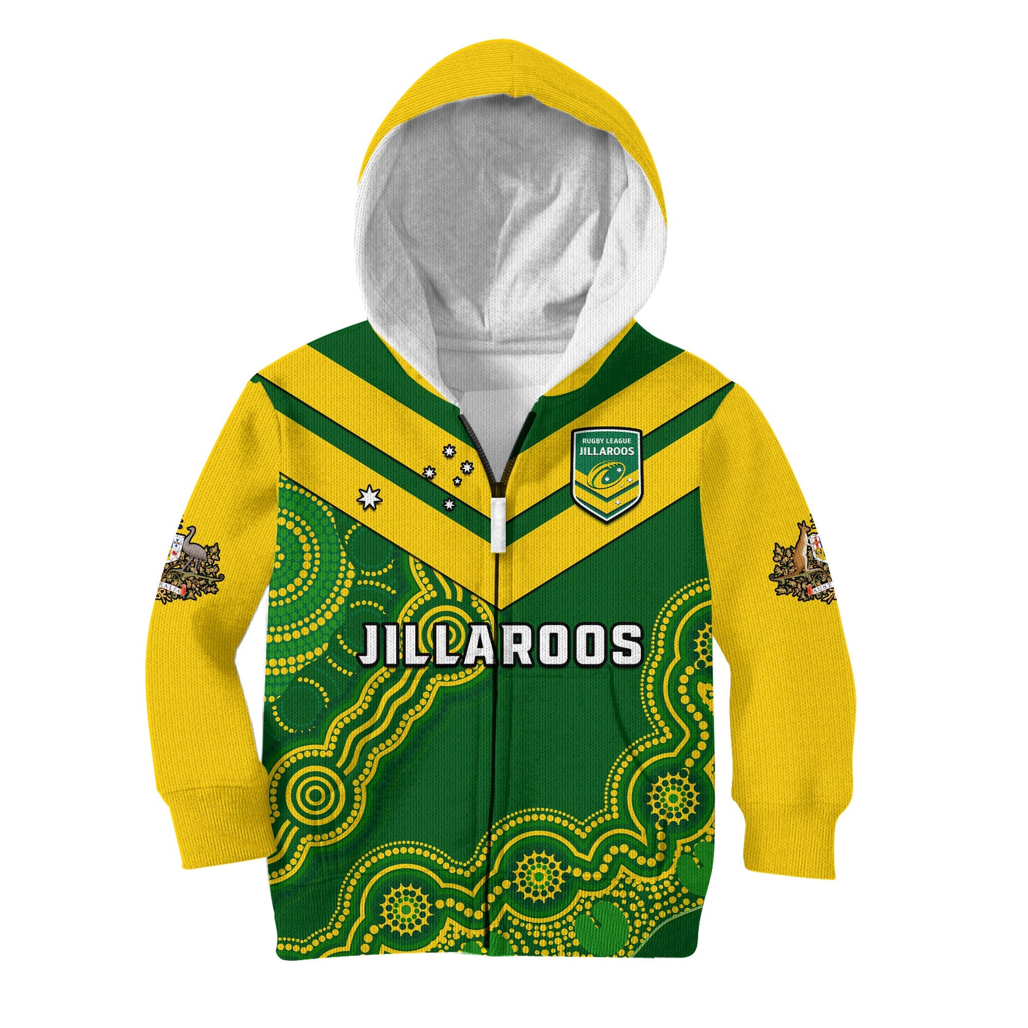 (Custom Text And Number) Australia Rugby Hoodie KID Jillaroos Champions Indigenous Green Style - Vibe Hoodie Shop