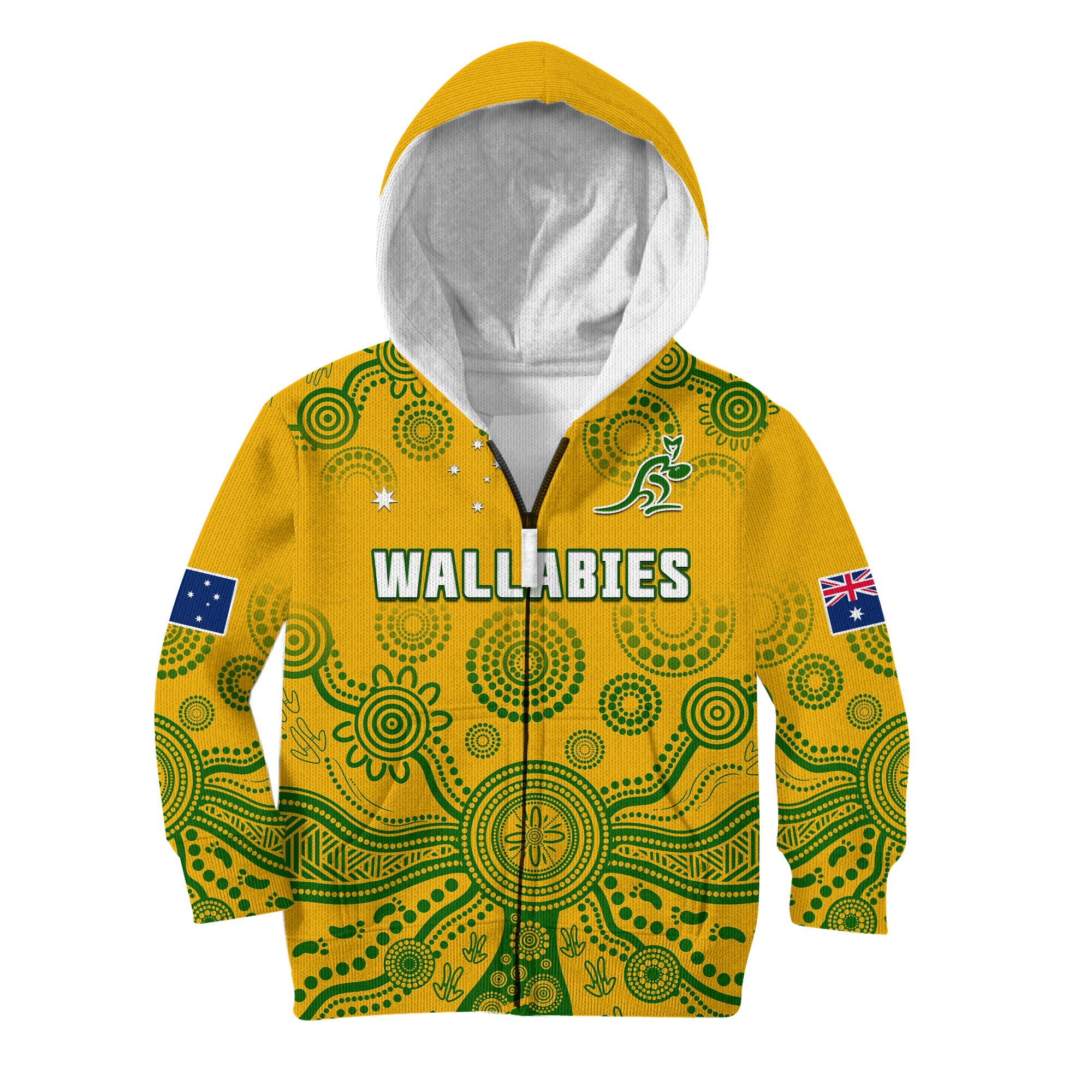 (Custom Text And Number) Australia 2022 Rugby Hoodie KID Wallabies Aboriginal Yellow Style - Vibe Hoodie Shop