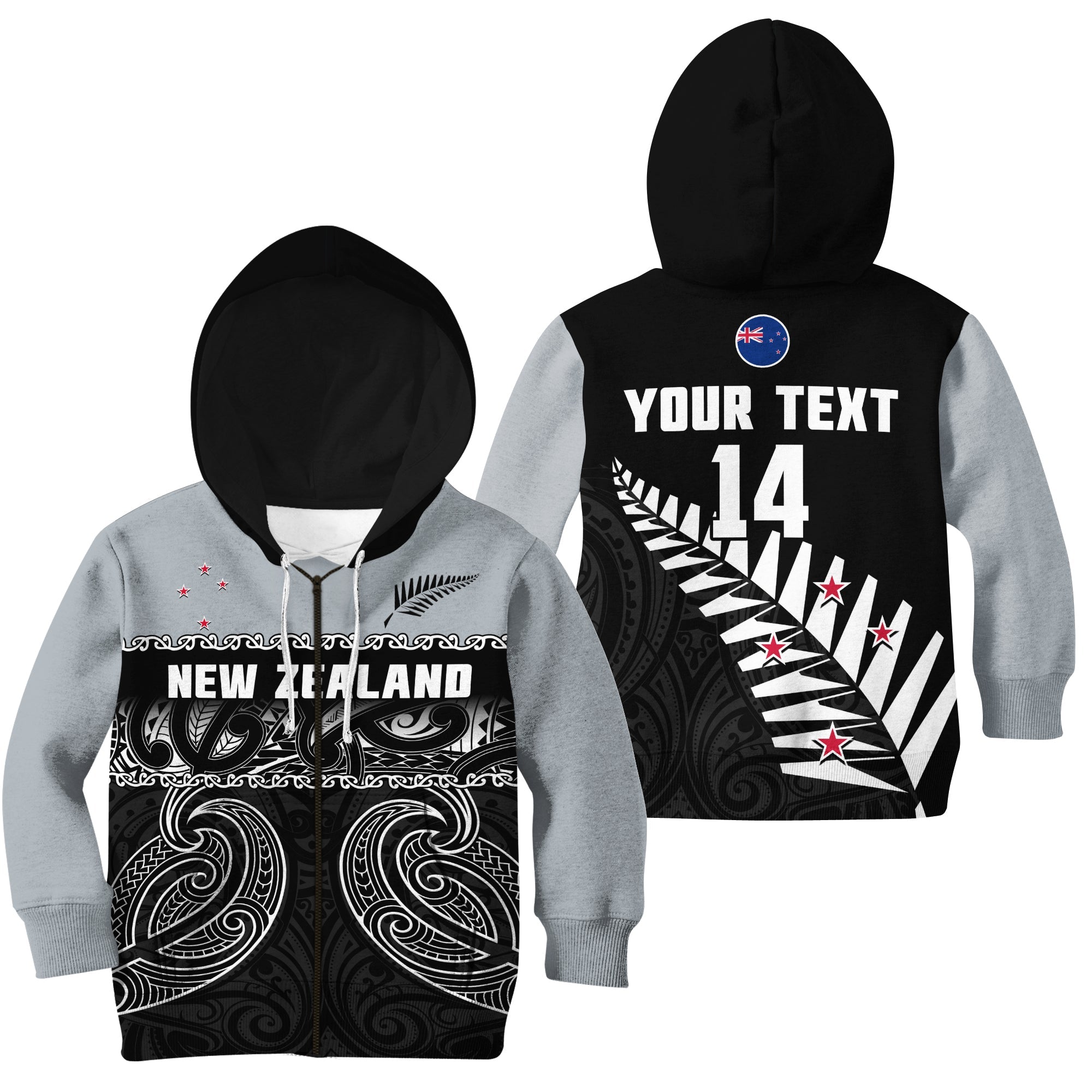 (Custom Text And Number) New Zealand 2022 Cricket Hoodie KID Black Cap Silver Fern Maori - Vibe Hoodie Shop