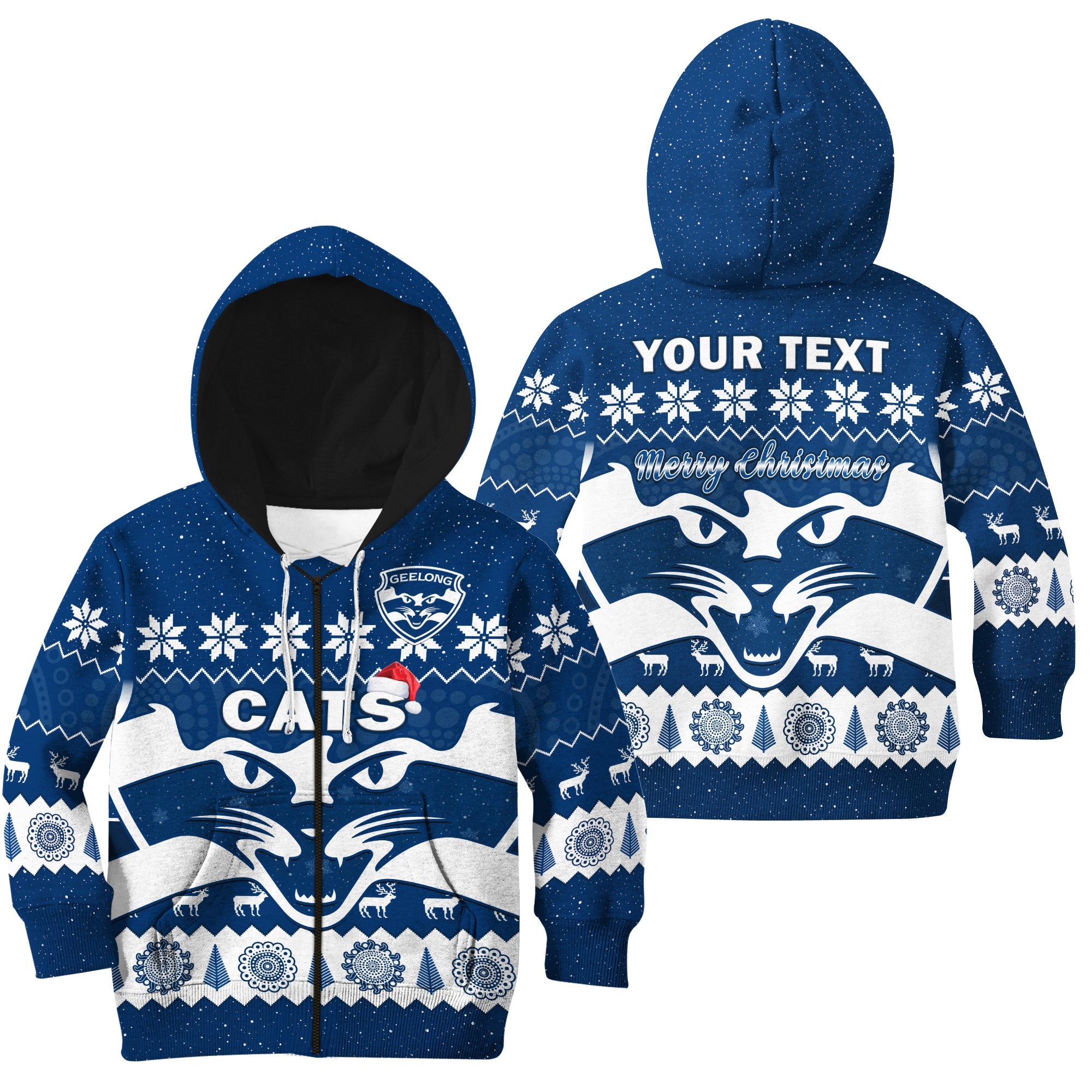 (Custom Personalised) Cats Football Christmas Hoodie KID Geelong Aboriginal Painting - Vibe Hoodie Shop