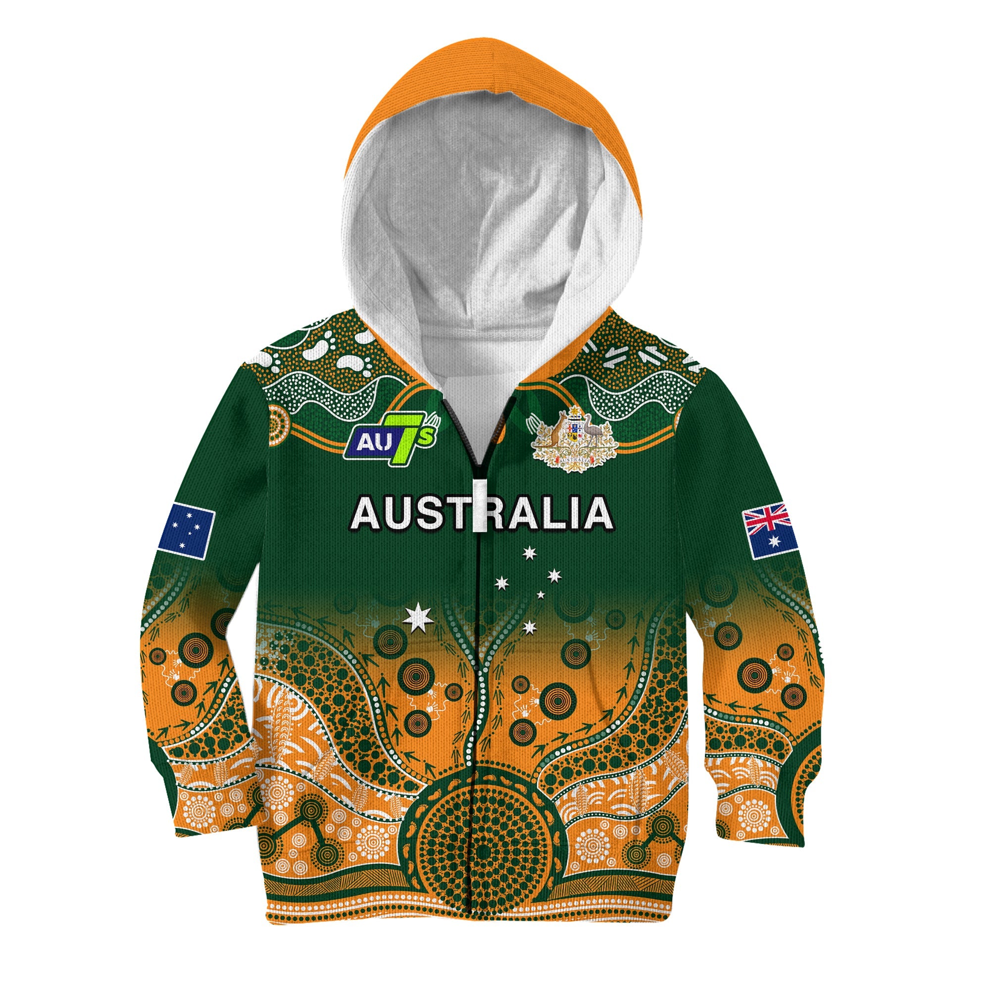 (Custom Text And Number) Australia Rugby Hoodie KID Aussie Sevens Green Indigenous - Vibe Hoodie Shop