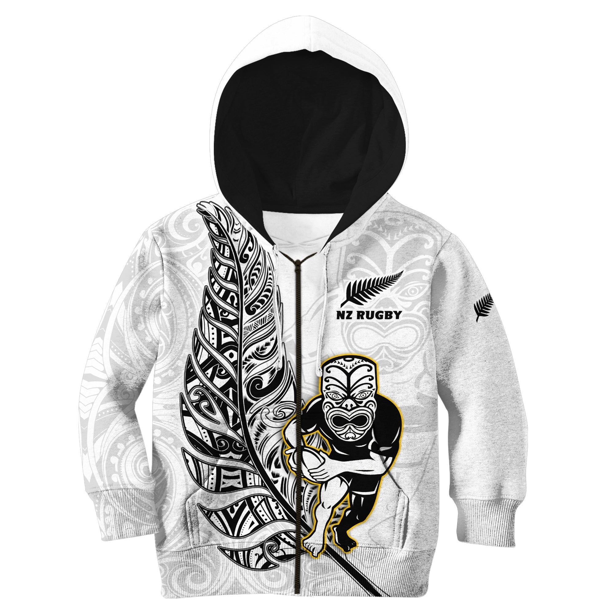 (Custom Text And Number) New Zealand Silver Fern Rugby Hoodie KID All Black Maori Version White - Vibe Hoodie Shop