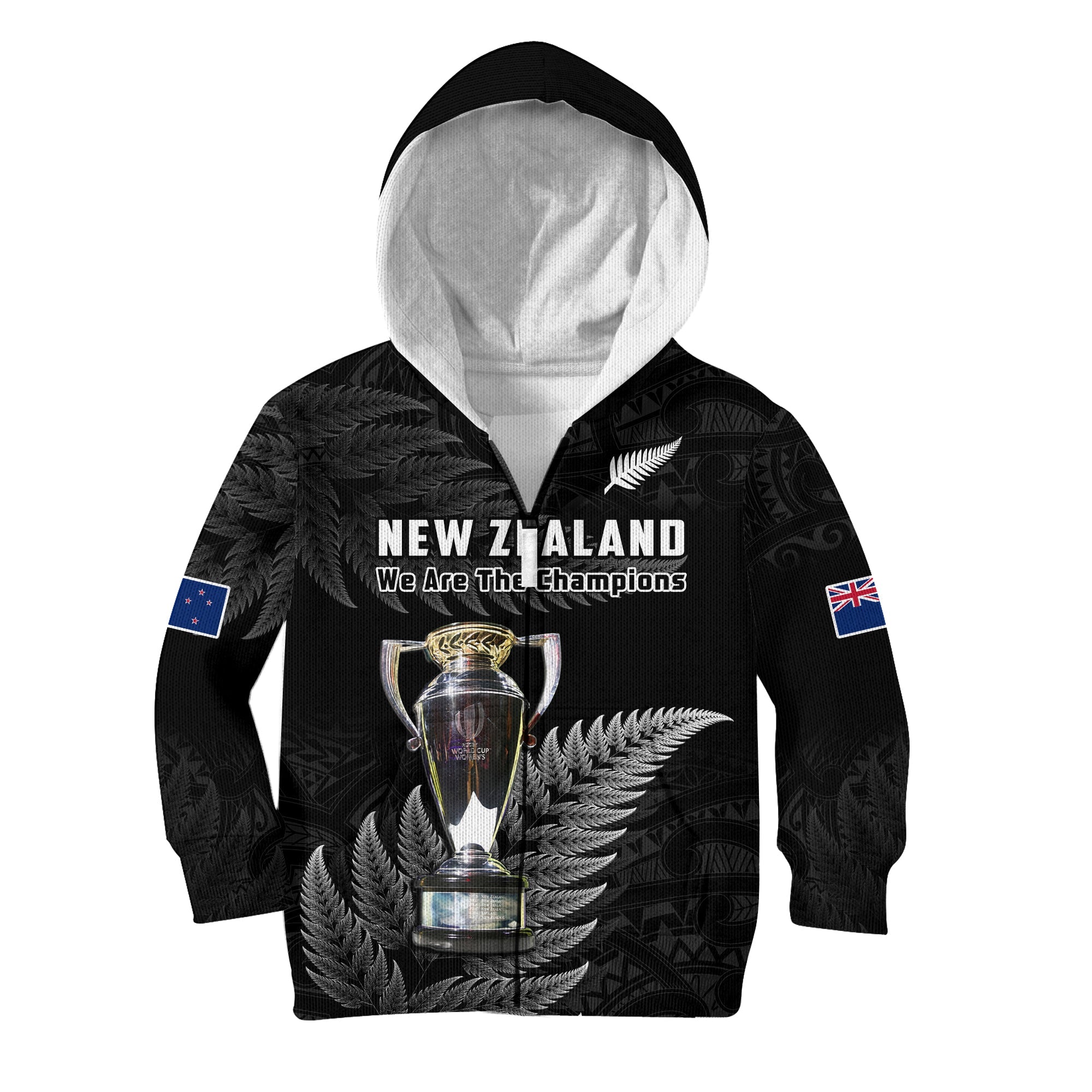 (Custom Personalised) New Zealand 2022 Rugby Hoodie KID Black Fern Proud Champions RWC - Vibe Hoodie Shop