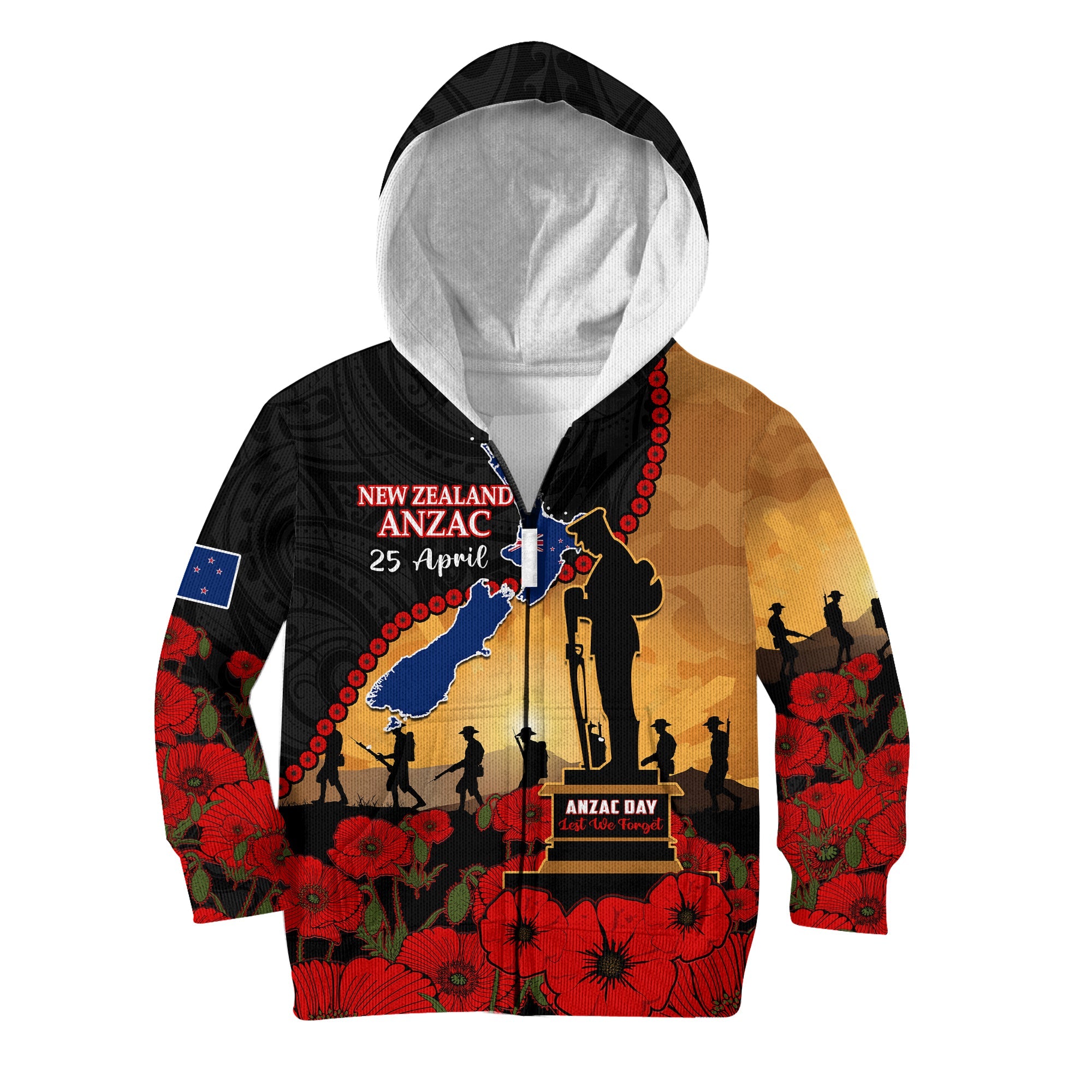 (Custom Personalised) New Zealand Anzac Hoodie KID Maori Camouflage Mix Poppies We Will Remember Them - Vibe Hoodie Shop