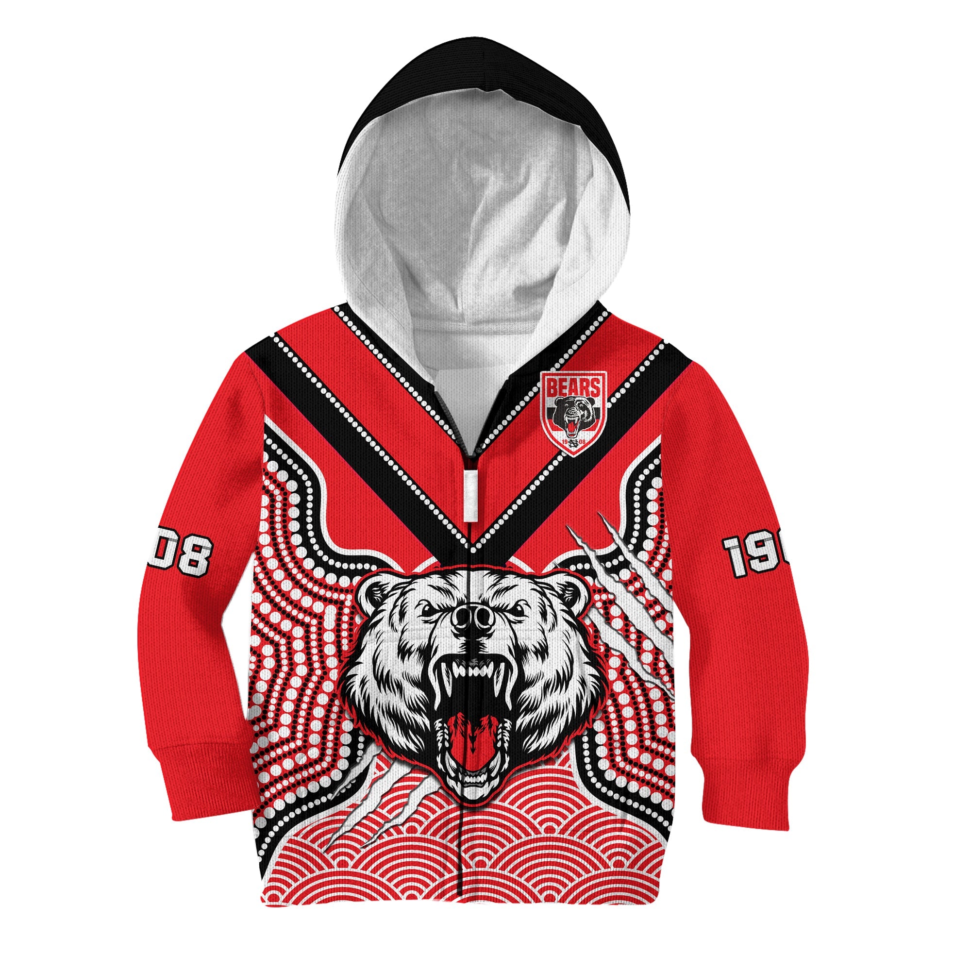 (Custom Text And Number) North Sydney Rugby Hoodie KID Bears 1908 Indigenous Pattern - Vibe Hoodie Shop