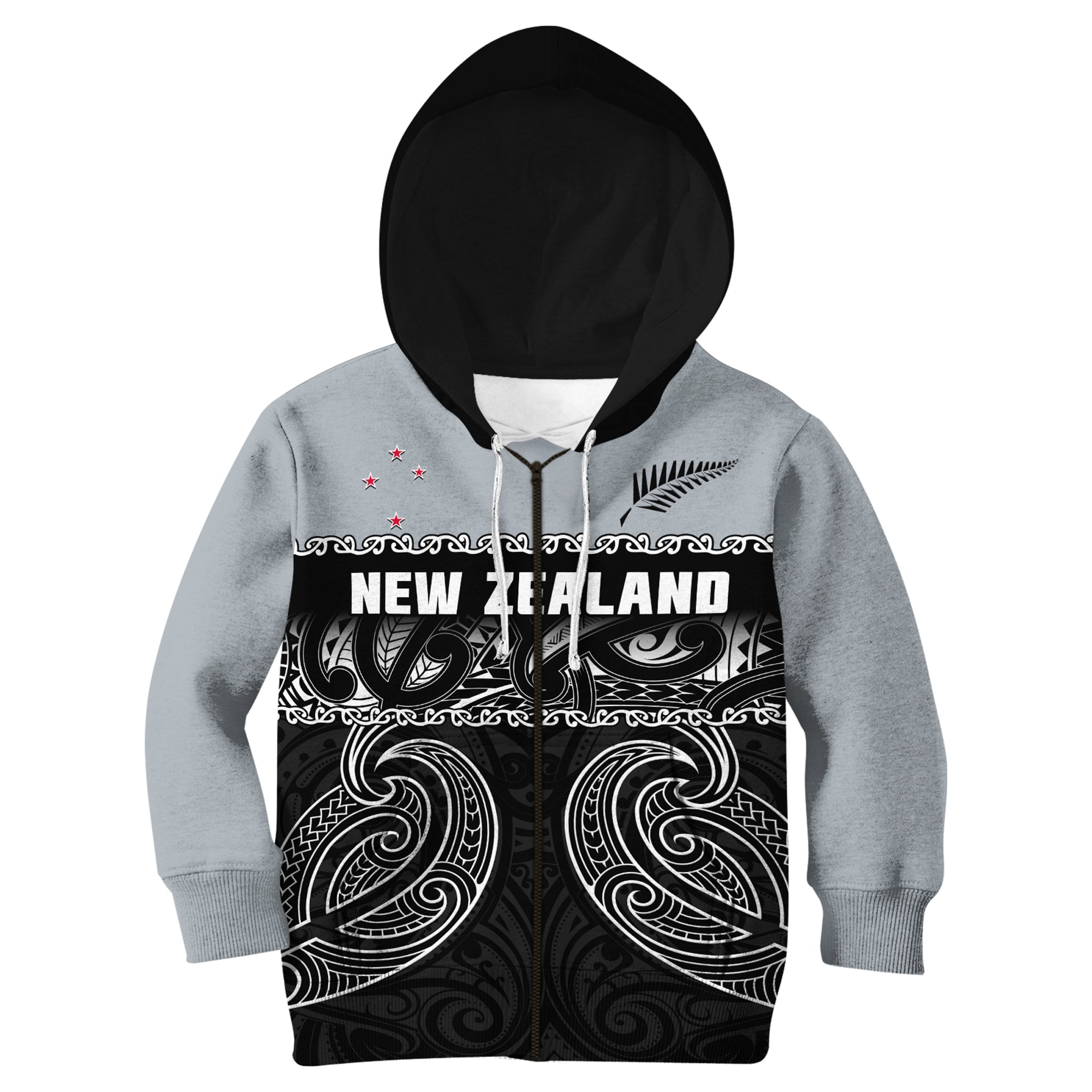 (Custom Text And Number) New Zealand 2022 Cricket Hoodie KID Black Cap Silver Fern Maori - Vibe Hoodie Shop