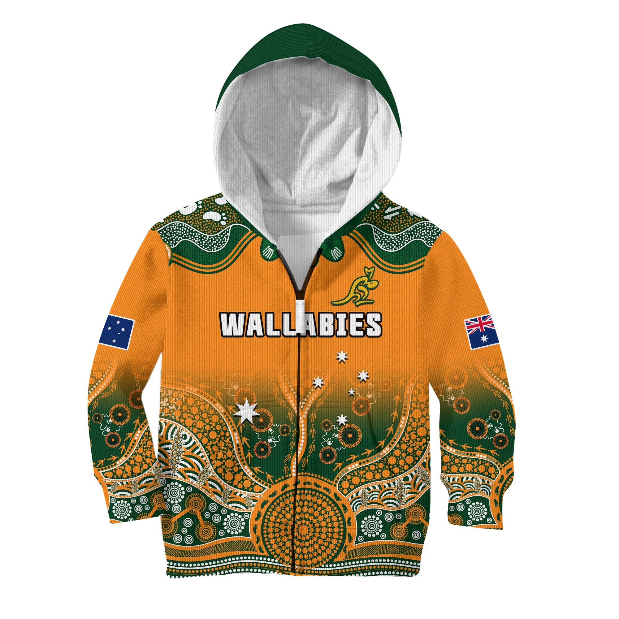 (Custom Text And Number) Australia Rugby Hoodie KID Wallabies Kangaroo Orange Aboriginal - Vibe Hoodie Shop