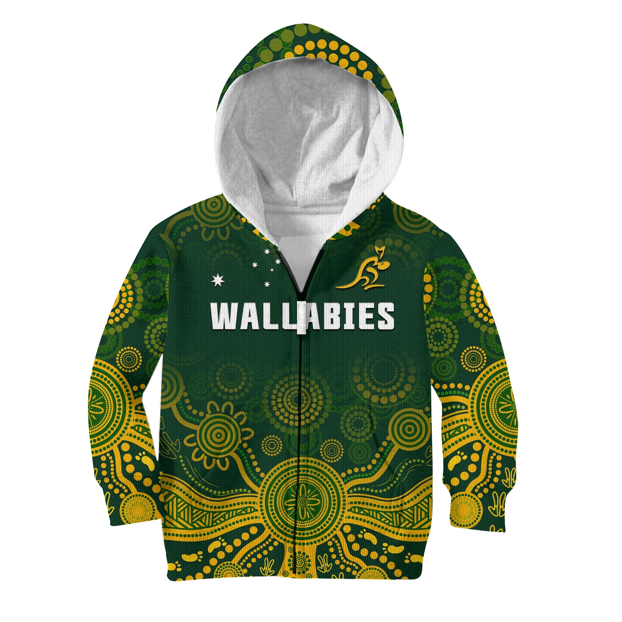 (Custom Text And Number) Australia 2022 Rugby Hoodie KID Wallabies Aboriginal Style - Vibe Hoodie Shop