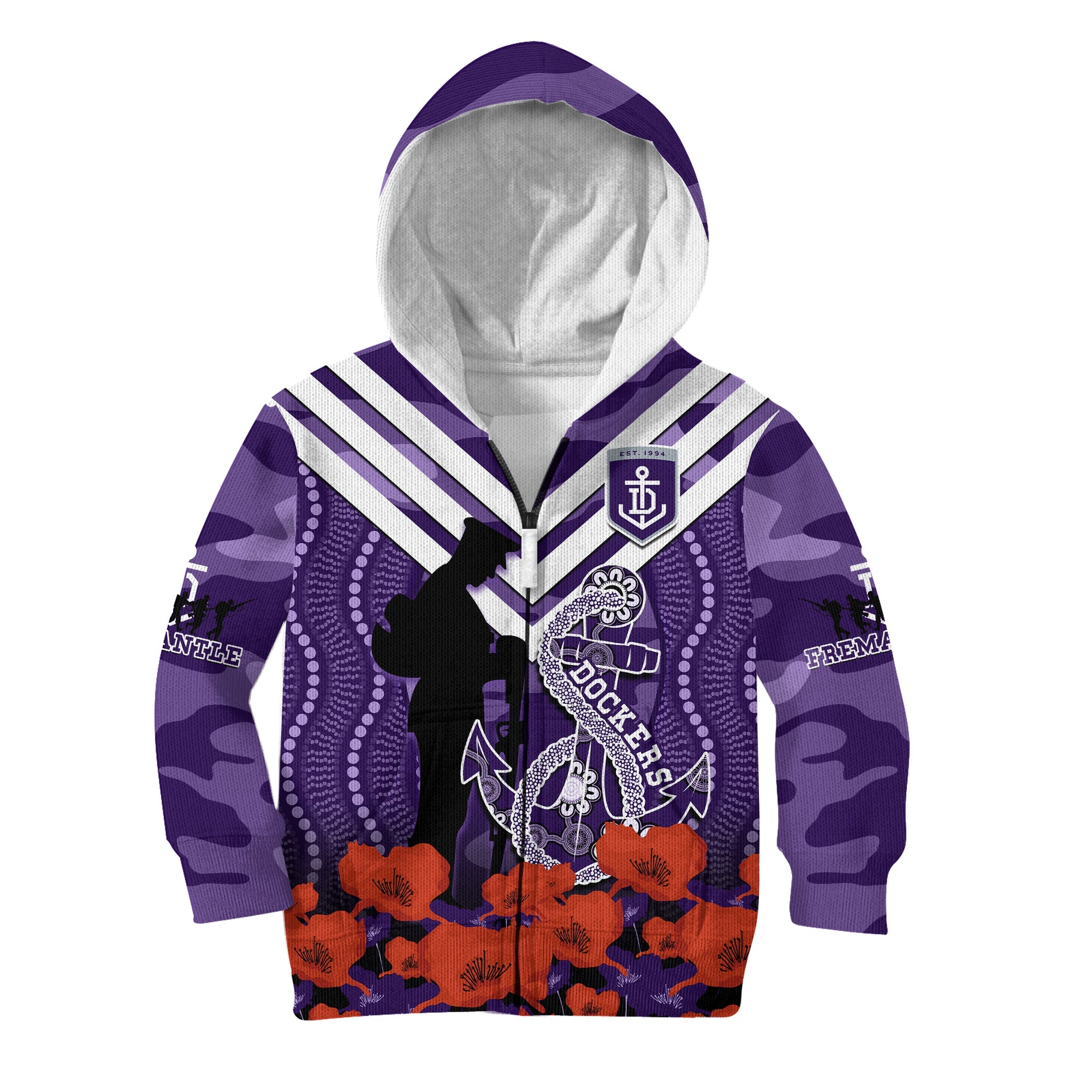 (Custom Text And Number) Dockers Football ANZAC 2023 Hoodie KID Aboriginal Mix Poppy Camouflage - Vibe Hoodie Shop