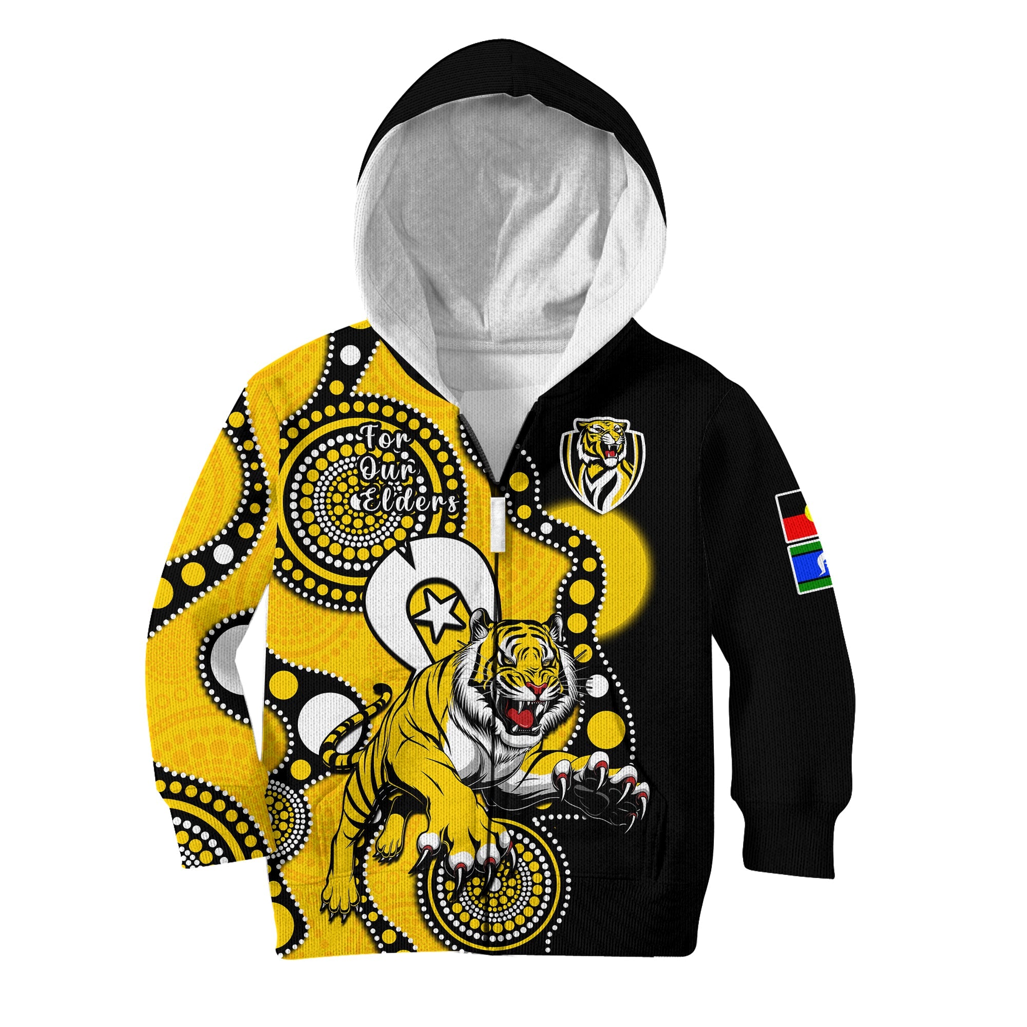 (Custom Text And Number) Richmond Football NAIDOC 2023 Hoodie KID Tigers For Our Elders Indigenous Art - Vibe Hoodie Shop