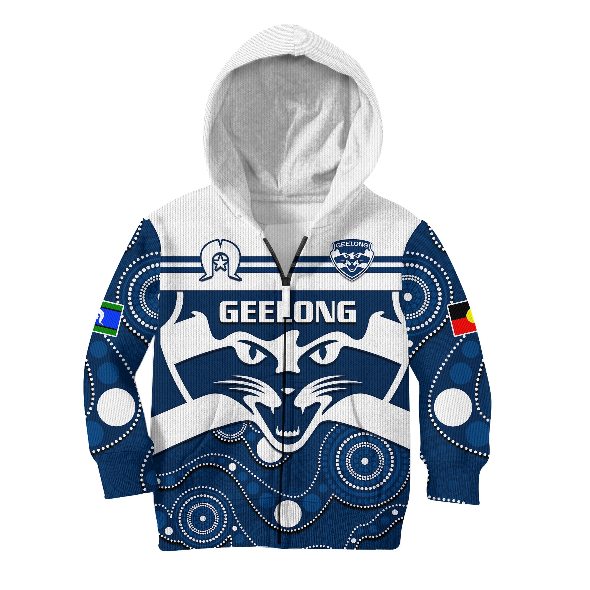 (Custom Text And Number) Geelong Football NAIDOC 2023 Hoodie KID Cats For Our Elders Indigenous Art - Vibe Hoodie Shop