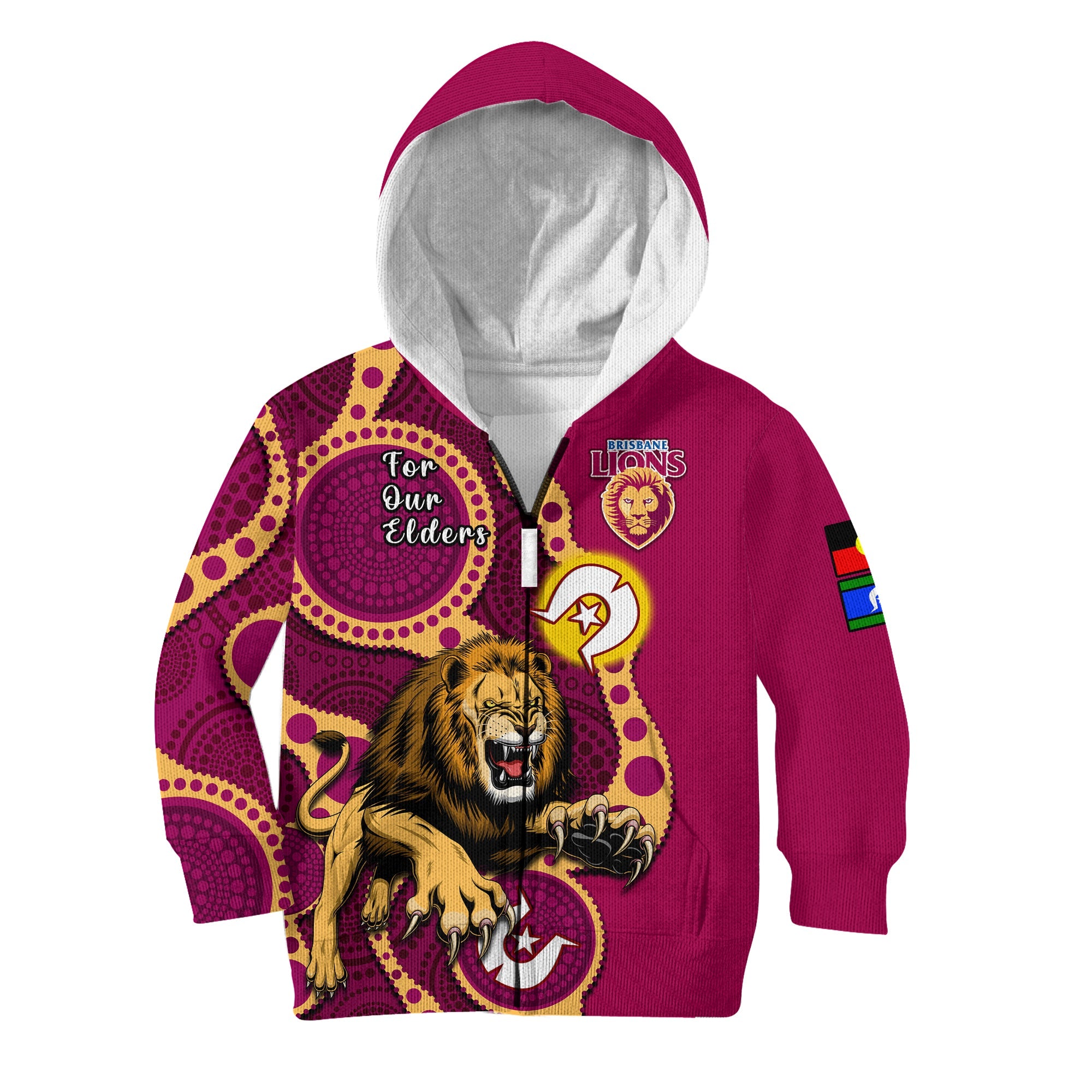 (Custom Text And Number) Brisbane Lions Football NAIDOC 2023 Hoodie KID For Our Elders Indigenous Art - Vibe Hoodie Shop