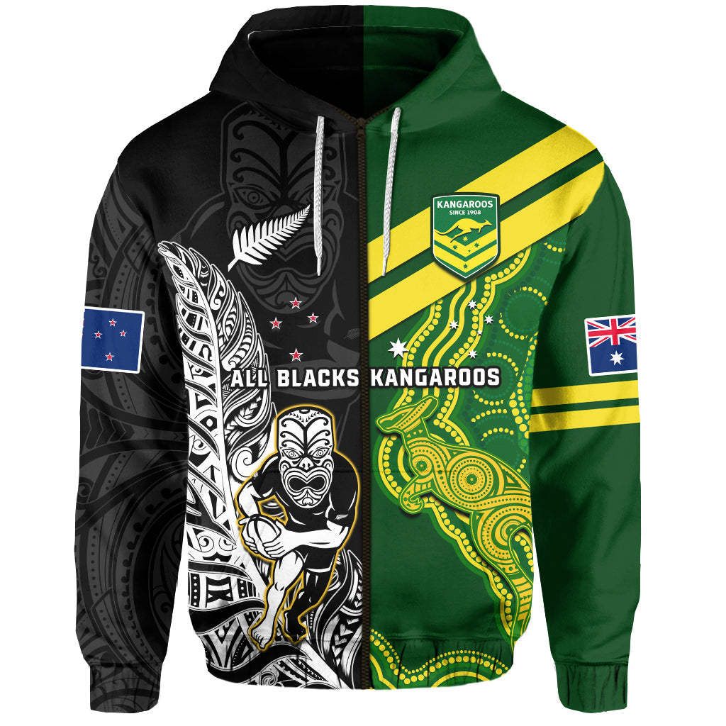 (Custom Personalised) Australia Kangaroos And All Black Rugby Hoodie Aboriginal Mix NZ Maori Fern - Vibe Hoodie Shop