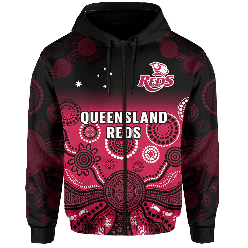 (Custom Text And Number) Queensland Reds Rugby Hoodie Gradient Aboriginal - Vibe Hoodie Shop