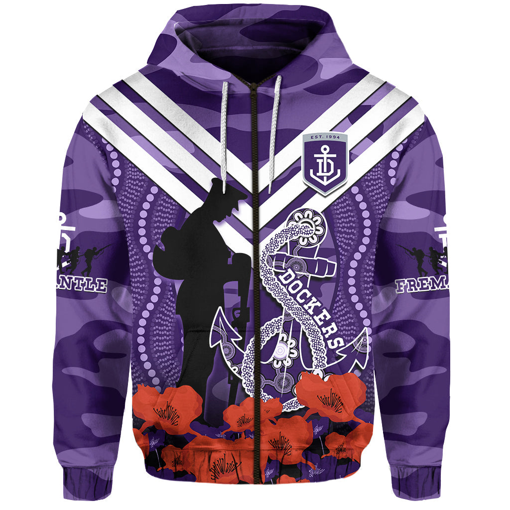 (Custom Text And Number) Dockers Football ANZAC 2023 Hoodie Aboriginal Mix Poppy Camouflage - Vibe Hoodie Shop