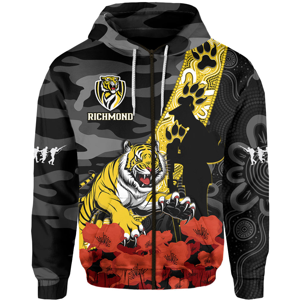 (Custom Text And Number) Richmond Football ANZAC 2023 Hoodie Tigers Aboriginal Mix Poppy Camouflage - Vibe Hoodie Shop