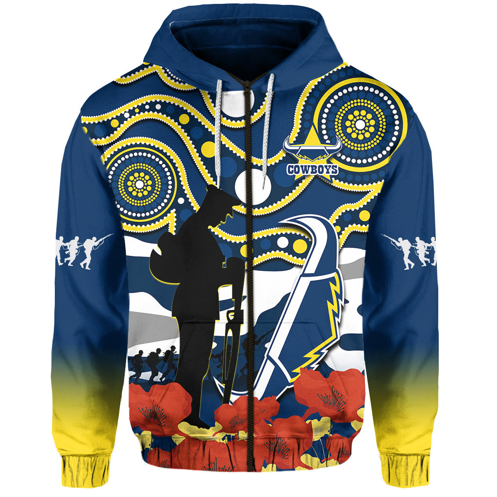 (Custom Text And Number) Cowboys Rugby ANZAC 2023 Hoodie Australian Army Aboriginal Lest We Forget - Vibe Hoodie Shop