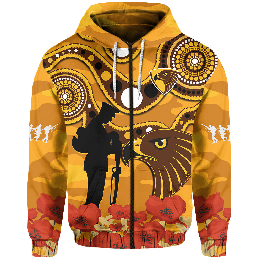 (Custom Text And Number) Hawks Football ANZAC 2023 Hoodie Indigenous Mix Poppy Camouflage - Vibe Hoodie Shop