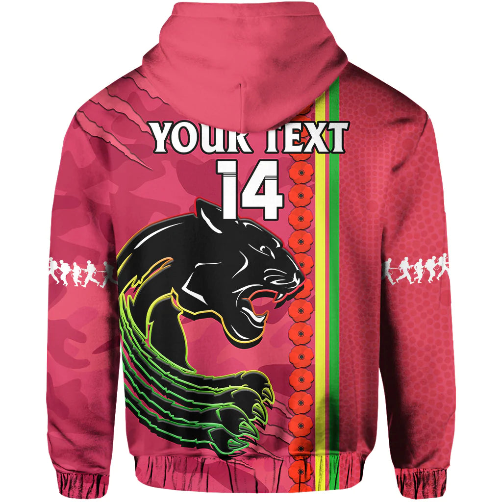 (Custom Text And Number) Panthers Rugby ANZAC Hoodie Aboriginal Mix Poppy Camouflage Pink - Vibe Hoodie Shop
