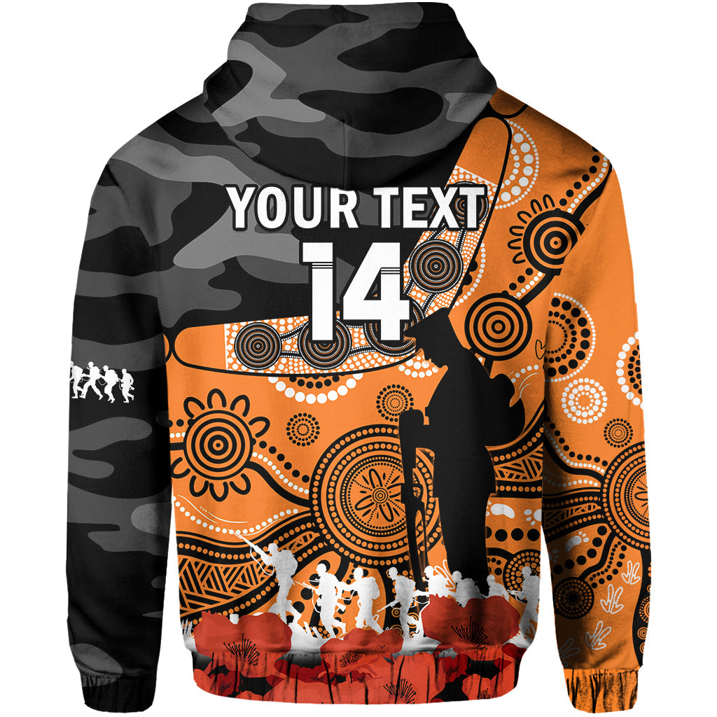 (Custom Text And Number) Giants Football ANZAC 2023 Hoodie GWS Aboriginal Mix Poppy Camouflage - Vibe Hoodie Shop