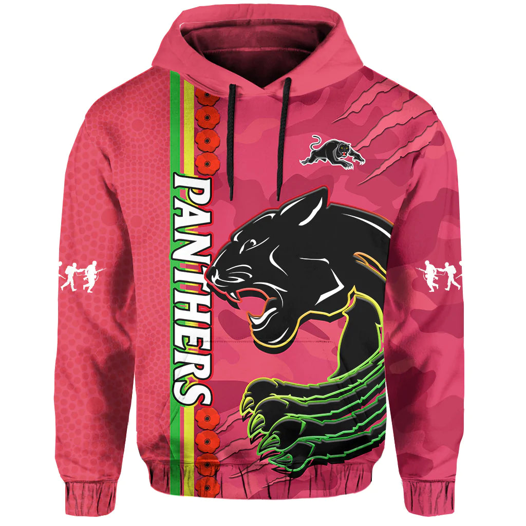 (Custom Text And Number) Panthers Rugby ANZAC Hoodie Aboriginal Mix Poppy Camouflage Pink - Vibe Hoodie Shop