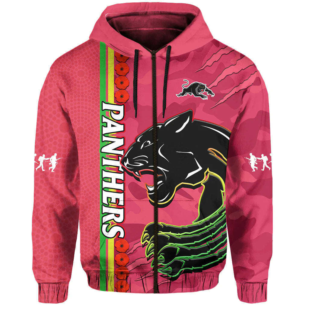 (Custom Text And Number) Panthers Rugby ANZAC Hoodie Aboriginal Mix Poppy Camouflage Pink - Vibe Hoodie Shop