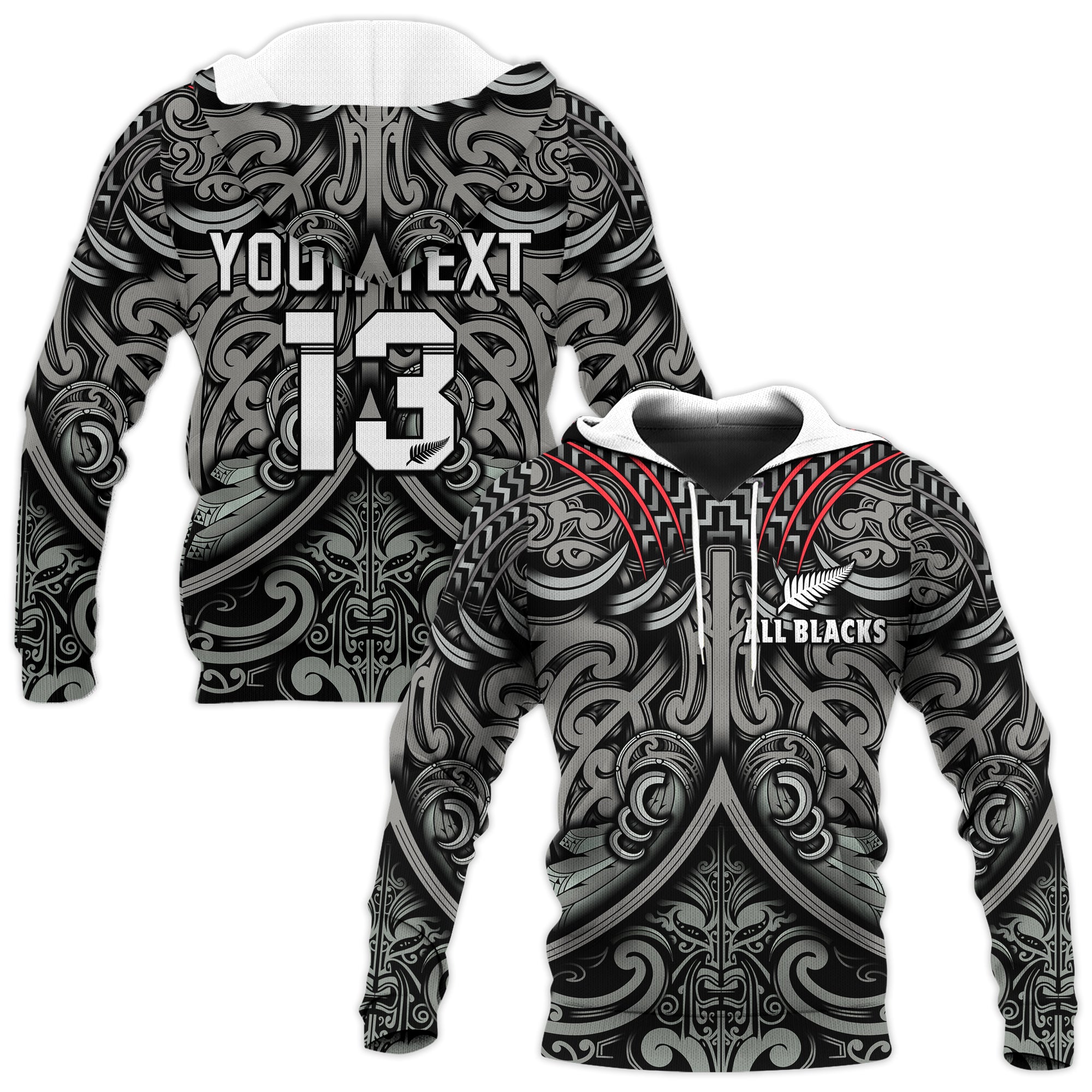 (Custom Text and Number) New Zealand Silver Fern Rugby Hoodie All Black NZ Maori Pattern LT13 - Vibe Hoodie Shop