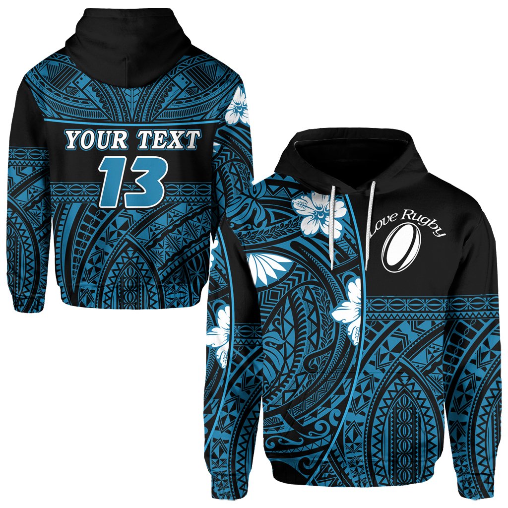 (Custom Personalised) Polynesian Rugby Hoodie Love Blue - Custom Text and Number - Vibe Hoodie Shop