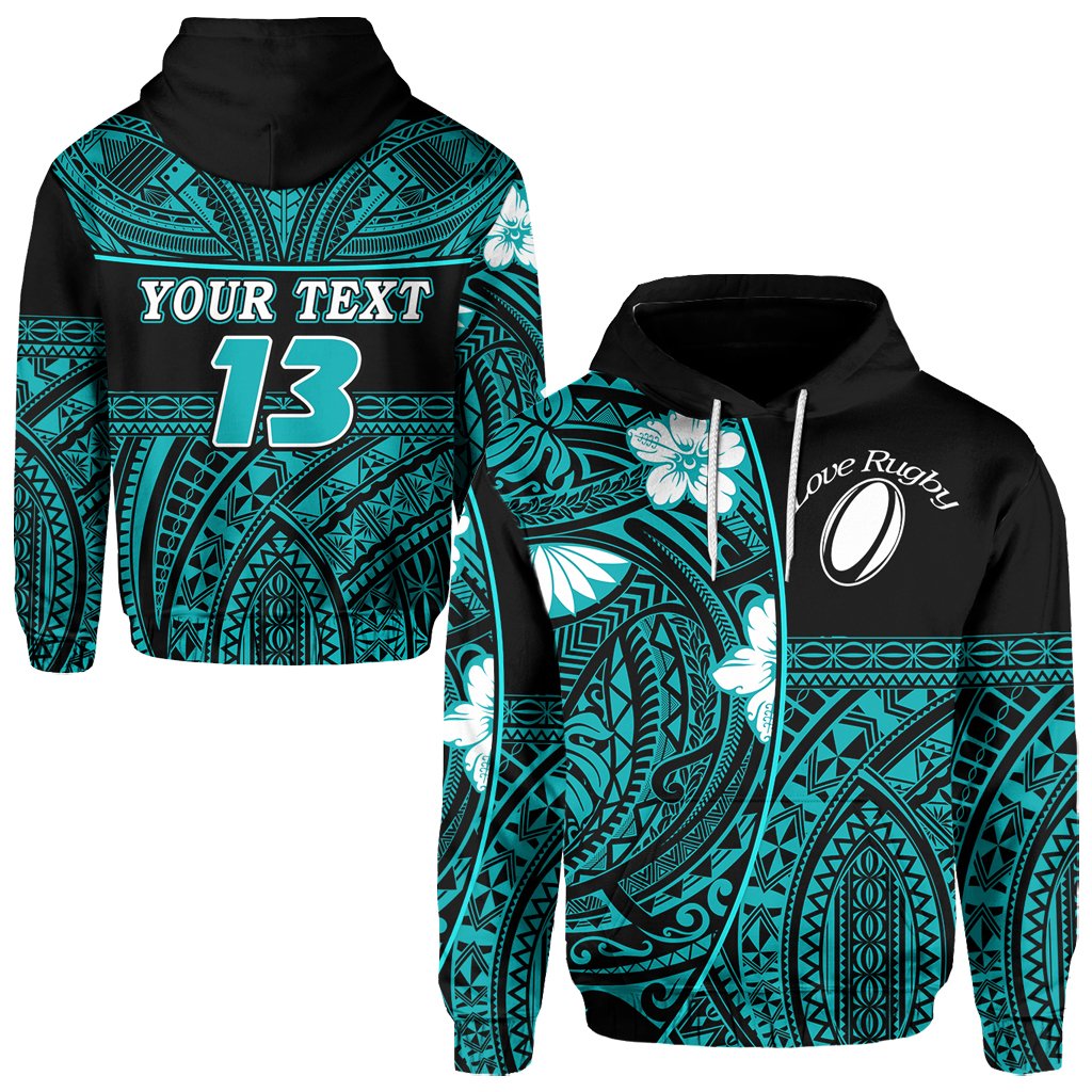 (Custom Personalised) Polynesian Rugby Hoodie Love Turquoise - Custom Text and Number - Vibe Hoodie Shop