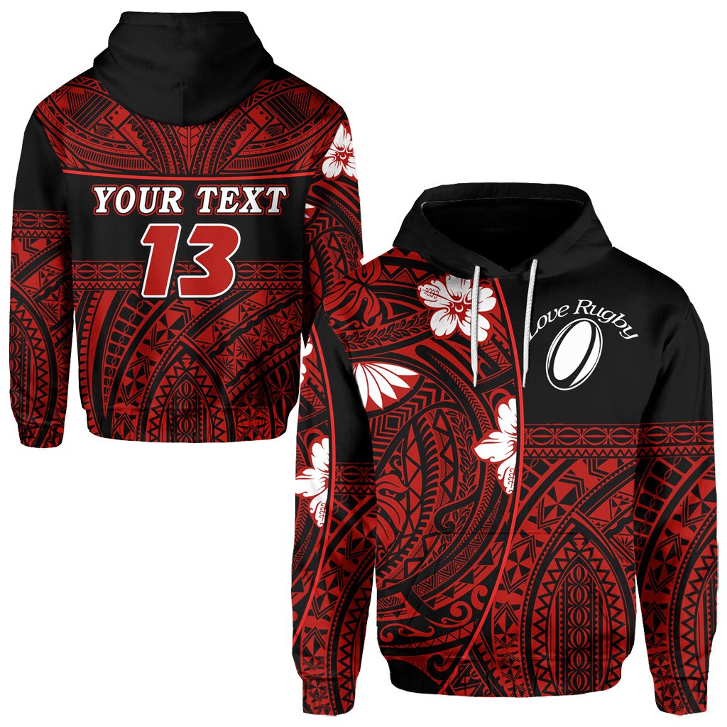 (Custom Personalised) Polynesian Rugby Hoodie Love Red - Custom Text and Number - Vibe Hoodie Shop