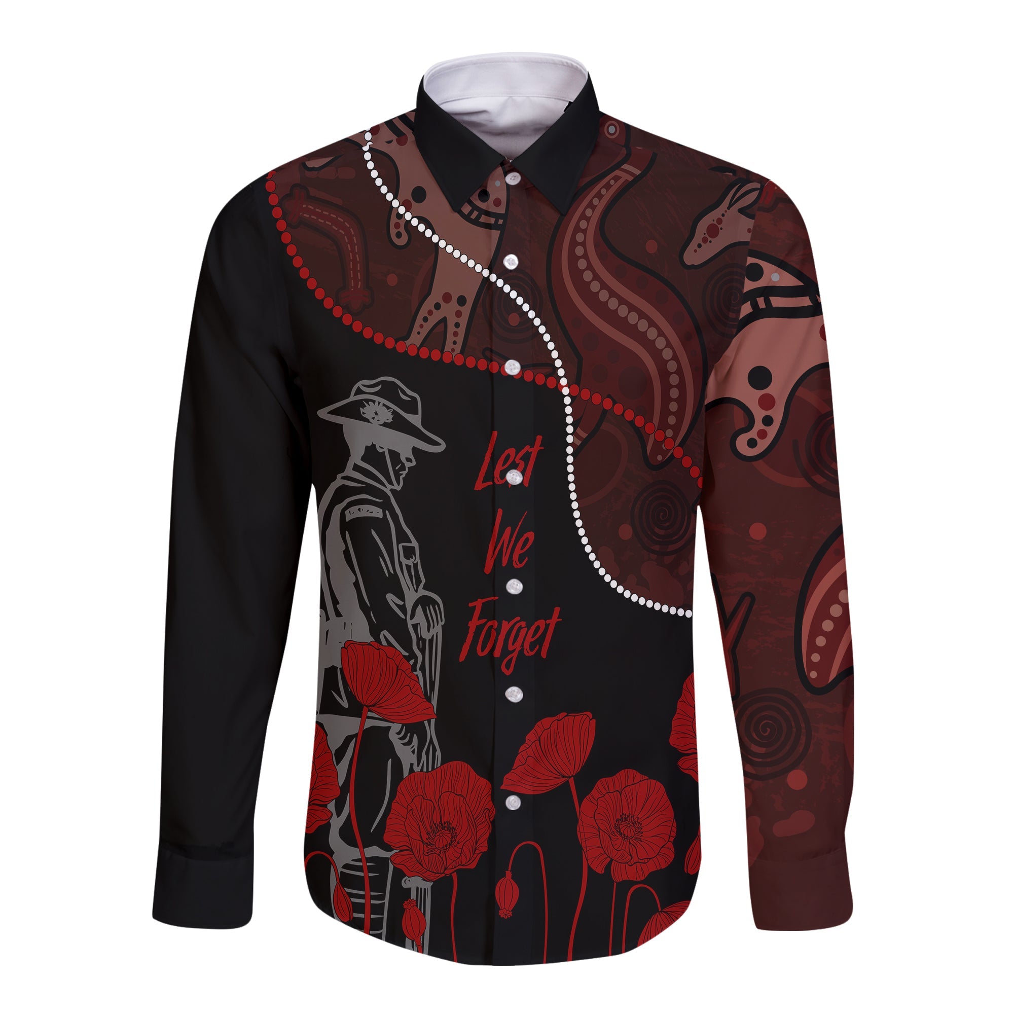 Australia ANZAC Day Long Sleeve Button Shirt Aboriginal Art With Poppies - Vibe Hoodie Shop