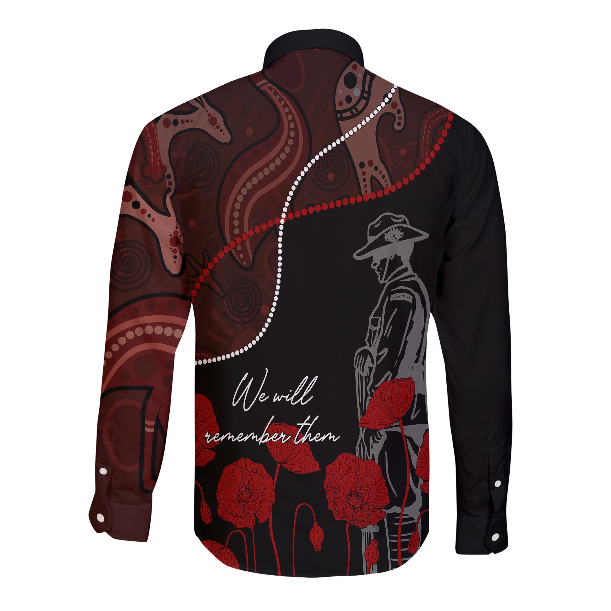 Australia ANZAC Day Long Sleeve Button Shirt Aboriginal Art With Poppies - Vibe Hoodie Shop