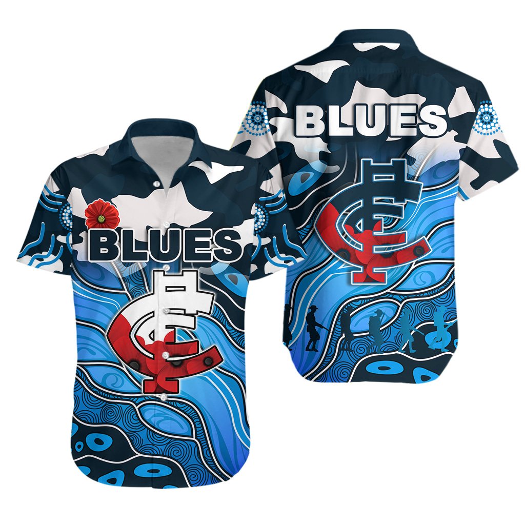 Blues ANZAC Hawaiian Shirt Carlton Attractive Indigenous - Vibe Hoodie Shop