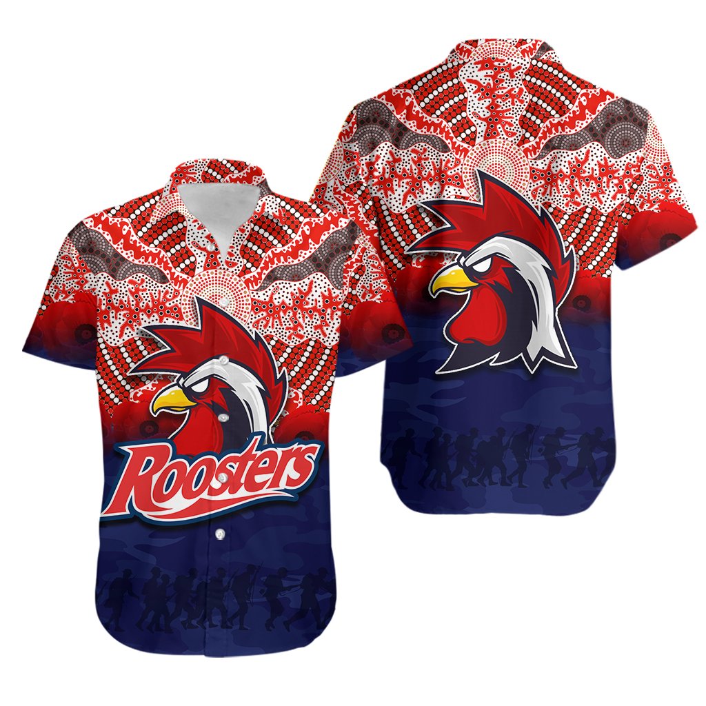 Roosters Hawaiian Shirt ANZAC Day Aboriginal - Vibe Hoodie Shop