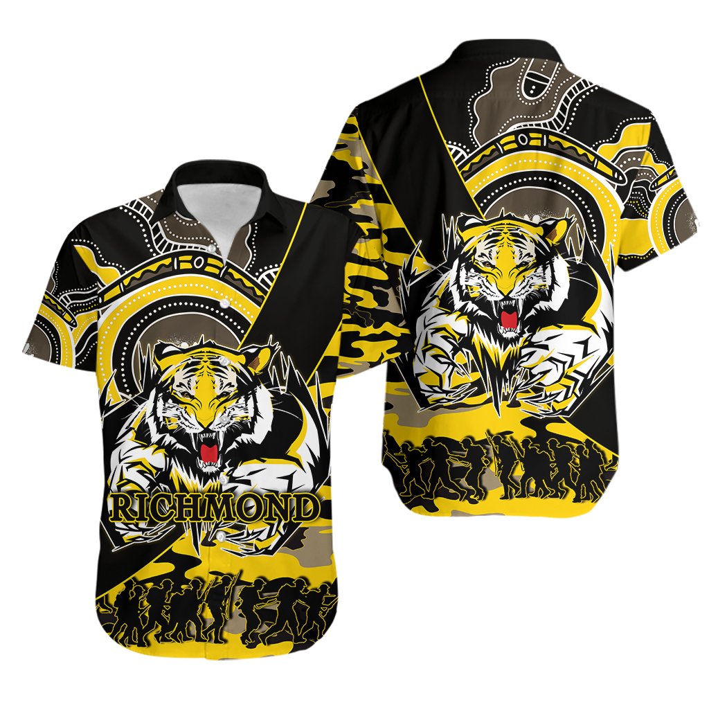 Richmond Tigers Hawaiian Shirt ANZAC Day Army Mix Aboriginal - Vibe Hoodie Shop