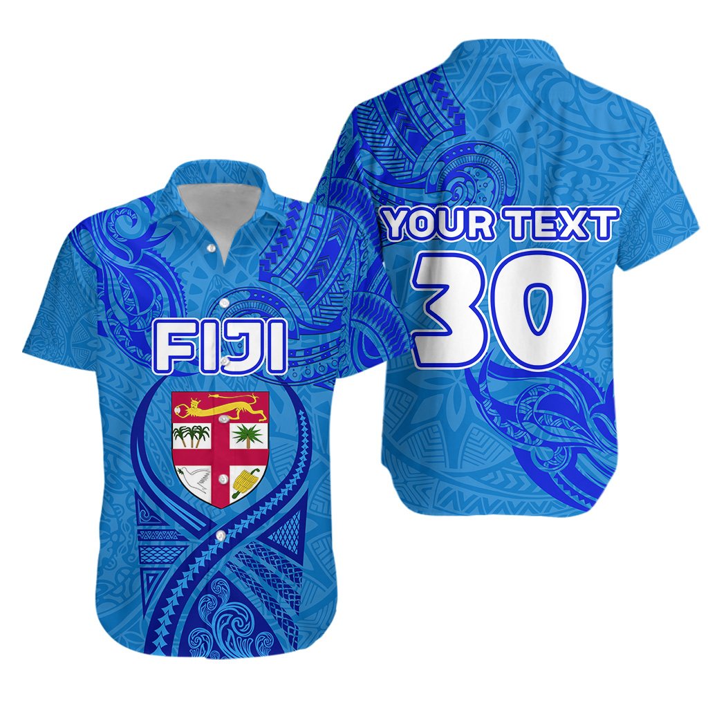 (Custom Personalised) Blue Hawaiian Shirt Fiji Rugby Polynesian Waves Style, Custom Text and Number - Vibe Hoodie Shop