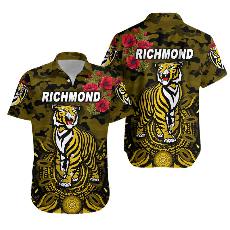 Richmond Tigers ANZAC Hawaiian Shirt Indigenous Vibes - Black - Vibe Hoodie Shop