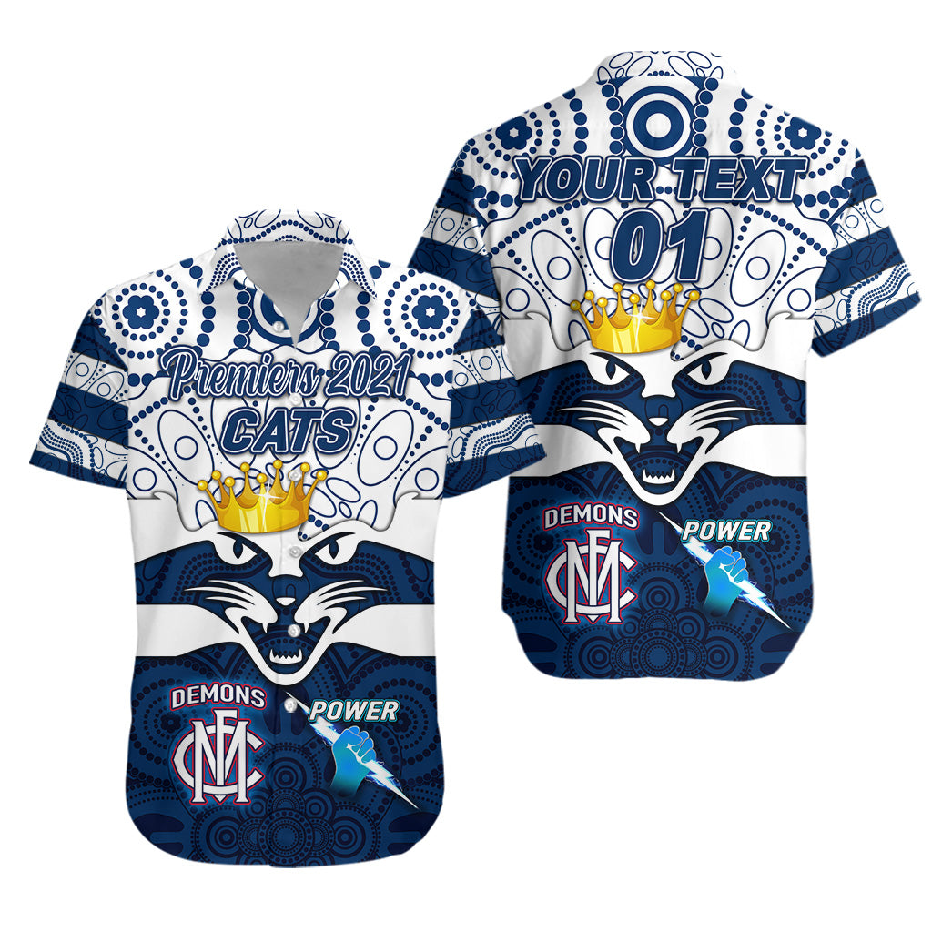 (Custom Personalised) Geelong Cats Indigenous Hawaiian Shirt Football 2021 Premiers - The King, Custom Text And Number - Vibe Hoodie Shop