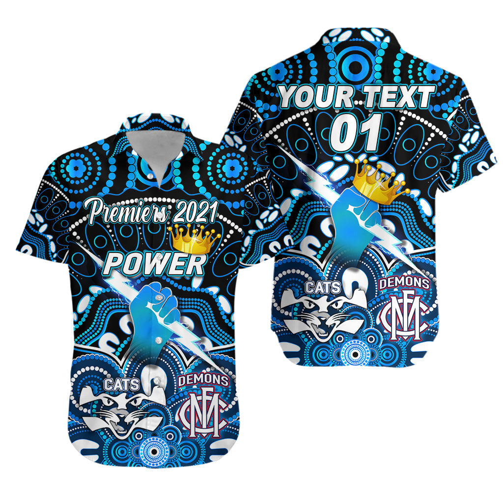 (Custom Personalised) Port Adelaide Power Indigenous Hawaiian Shir Football 2021 Premiers - The King, Custom Text And Number - Vibe Hoodie Shop