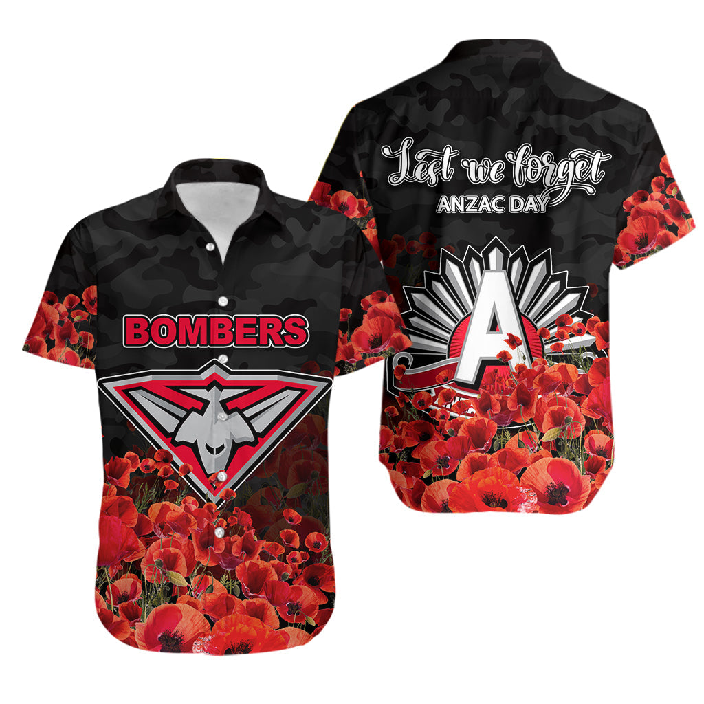ANZAC Day Essendon Bombers Hawaiian Shirt Poppy Flowers With Army Patterns - Vibe Hoodie Shop