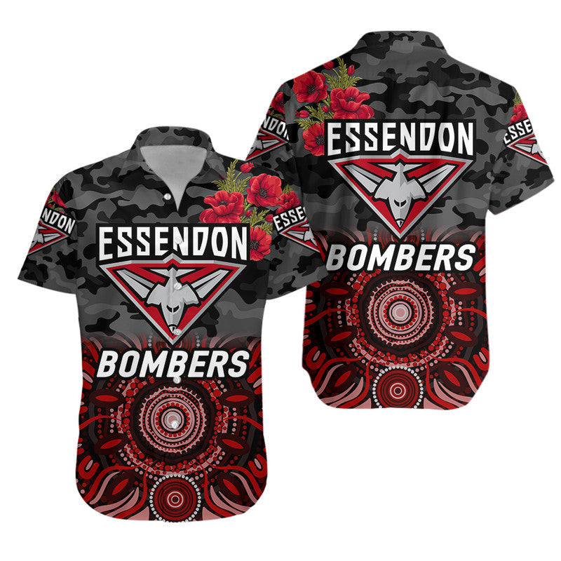 Essendon Bombers ANZAC Hawaiian Shirt Indigenous Vibes - Black - Vibe Hoodie Shop